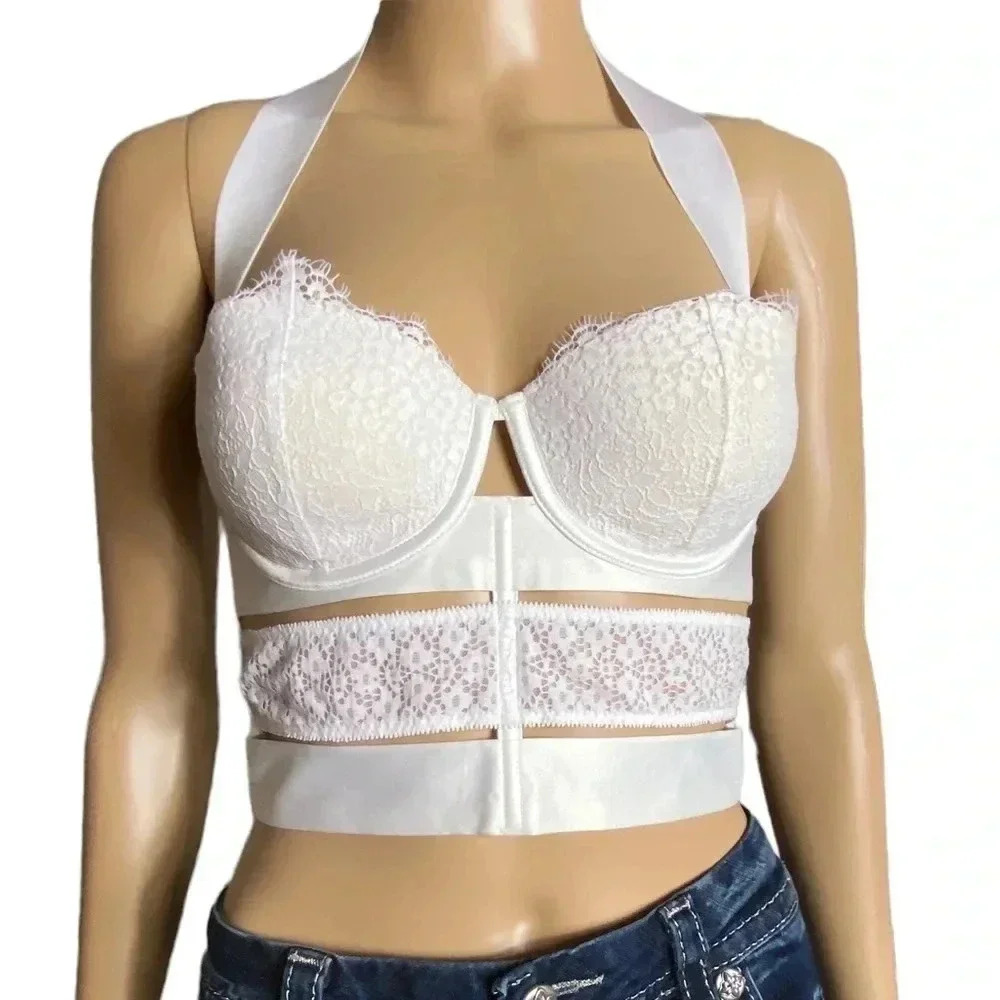White Ivory Lace Underwire Bandage Bralette/Stretch Corset Halter Bra Top